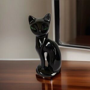 Vintage MCM Ceramic Black Cat Figurine Green Eyes Retro 8” Taiwan Mid Century
